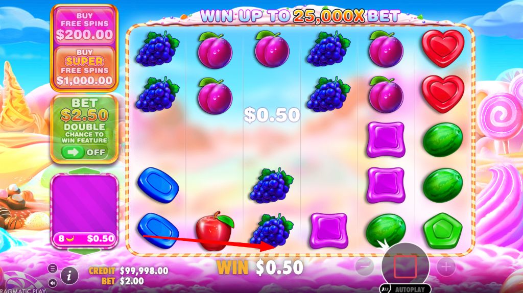 Работа каскадной механики после выигрышной комбинации в Sweet Bonanza